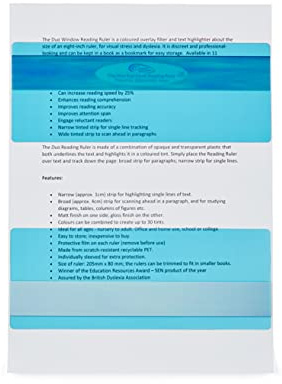 The Original Duo Reading Ruler Overlays - Aqua (Pack of 10) by Crossbow Education UK - Dyslexia Aids and Visual Stress Specialists