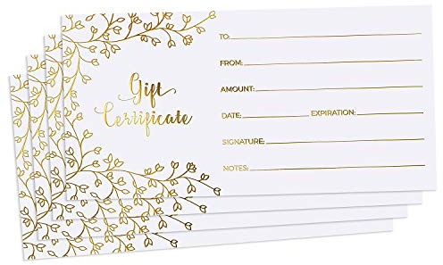 Tomma presentkort för företag – 25 presentkort i guldfolie med kuvert för spa, salong, restauranger, anpassade kundkuponger för födelsedag, arbetspresentkort – 9,5 x 19 cm