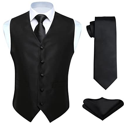HISDERN Anzugweste für Herren Schwarz Hochzeit Weste und Krawatte und Einstecktuch Set Einfarbige Weste Herren Anzug mit Taschen Party L