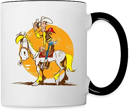 Spreadshirt Lucky Luke Jolly Jumper im Sonnenuntergang Tasse, Weiß/Schwarz, Keramik, 325 ml, Henkeltasse