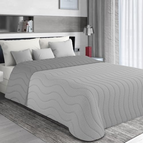 MAXIME MAISON - Tagesdecke 215x265 cm Grau/Silber Wendedesign, Tagesdecken Herbst/Frühling (100 gr/mq) Steppdecke Unterfüttert, Gesteppt, Weiche Mikrofaser, Made in Italy