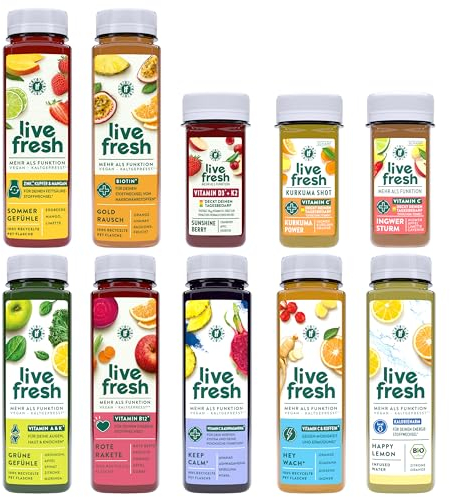 LiveFresh Saftkur 7 Tage | 49 Säfte (250ml) & 21 Shots (60ml) kaltgepresst¹ | 713 Kalorien pro Tag | Vegane Fastenkur | Booklet mit Tipps & Tricks | Frisch gepresste Fruchtsäfte | 12,25€ Pfand