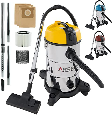 Arebos Aspiradora Industrial 5IN1 | aspiradoras potentes 1300 W | Potente aspiradora de Cenizas | aspiradora en seco y húmedo | con y sin Bolsa | 30 L | soplador de Hojas | Acero Inoxidable