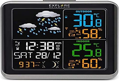 Explore Scientific WSH4008C Stazione Meteo Radio-Controllata, Barometro con Previsioni del Tempo con 6 icone, Temperatura/umidità int/ext, 1 Sensore incluso, Nero