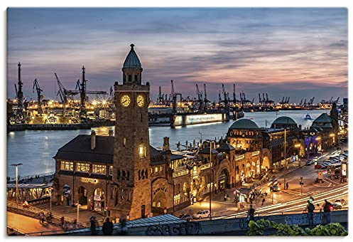 ARTLAND Wanddeko Leinwand Bilder Wandbild 60x40 cm Stadtbilder Hamburg Hafen Landungsbrücken U2FG