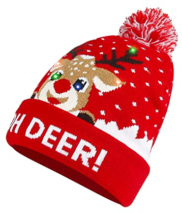 Diealles Shine Weihnachten Mütze mit LED Licht, Leicht Weich Beanie Mütze, Warme Wintermütze, Xmas StrickmüTZE für Damen und Herren Kinder(Rot)