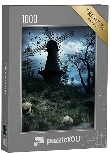 puzzleYOU: Puzzle 1000 Teile „Gothic-Illustration: Dunkle Windmühle mit Vögeln und Totenköpfen“ – aus der Puzzle-Kollektion Gothik