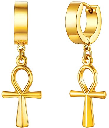 U7 Punk Creolen Ohrringe für Männer Frauen Hip-Hop Klappcreolen mit Ankh-Kreuz Anhänger 18k vergoldet Kleine Huggie Kreolen Modeschmuck Accessoire