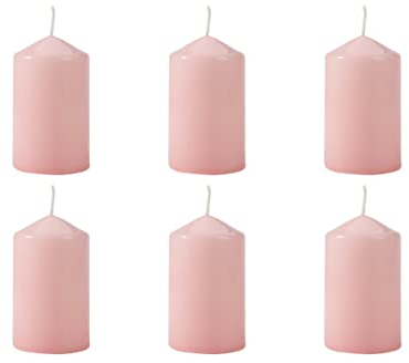 Stumpenkerzen Hellrosa, Durchmesser 6 cm, Höhe 10 cm, Säulenkerzen Rosa Blockkerzen, geruchsneutral, lange Brenndauer 30h, Set 6 Stück (1 Box)