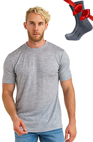 Premium Merino Shirt Herren Kurzarm - Thermooberteile 100% Merino Unterwäsche Herren + Wanderwollsocken (Medium, Melange Grey)