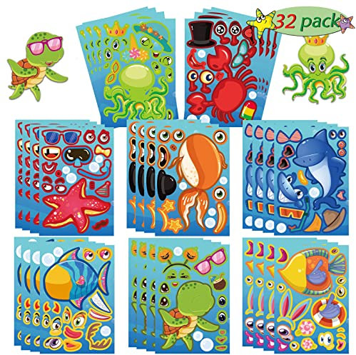 32 Sheets Reusable Make-A-Sea Face Stickers Ocean Animals DIY Art Craft Rewards for School Kid Teacher Summer Mermaid Party Favor Sticker for Birthday Gift Children Room Ocean Decorated