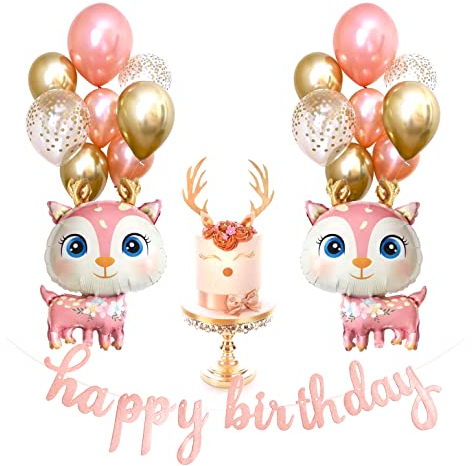 Regendeko Happy Birthday Pink Hirsch Reh Geburtstagsdeko Tier Kindergeburtstag Geburtstag Mädchen Deko Luftballon Girlande Konfetti Luftballons Party Deko(Hirsch)