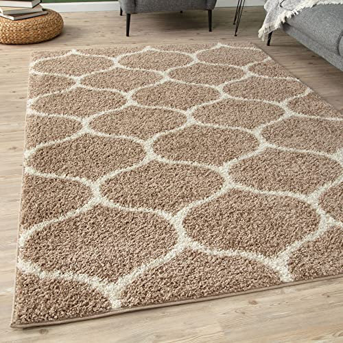 THE RUGS Shaggy Rug – Modern Moroccan Design Rugs for Living Room, Bedroom, Hallway, 3 cm Thick Area Rugs, (Trellis Beige/Ivory, 140x200cm)