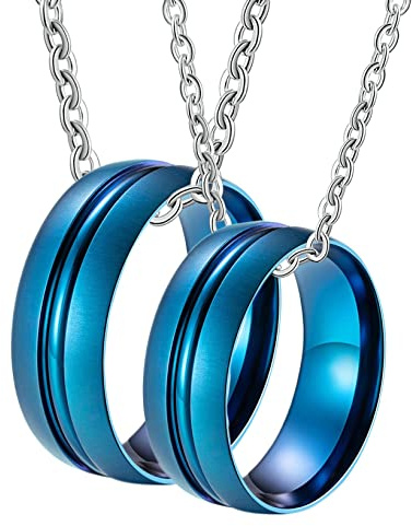 Ayoiow Paar Ketten für Sie und Ihn, Blau Gebürstet Ring 8mm Edelstahl Partner Ketten für Sie Und Ihn Blau
