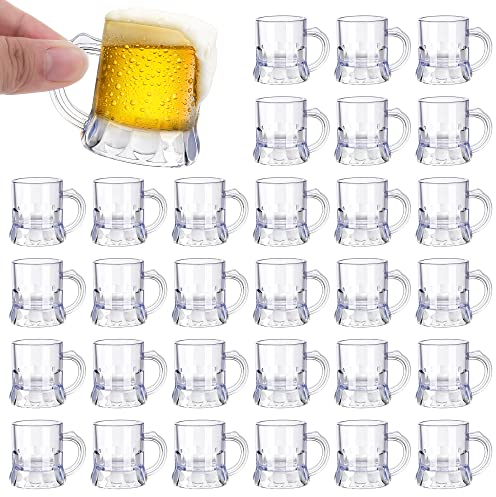 Breroa 30 Pieces Mini Plastic Beer Mugs 1 Ounce Mini Beer Mug Shot Glasses with Handles Clear Reusable Beer Stein Beer Tasting Glasses for Drinking Beer Festival Party Barbecue Wedding