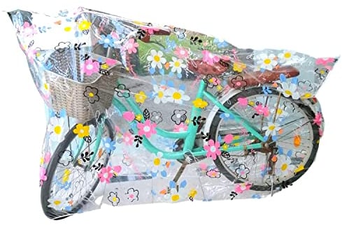Bike Cover, Cute Clear Outdoor Storage Waterproof Bicycle Covers Heavy Duty Ripstop Material, Protection for All Types of Bicycles, Plus UV Protector Saddle Cover (For Two Bikes (White Pink Flowers))