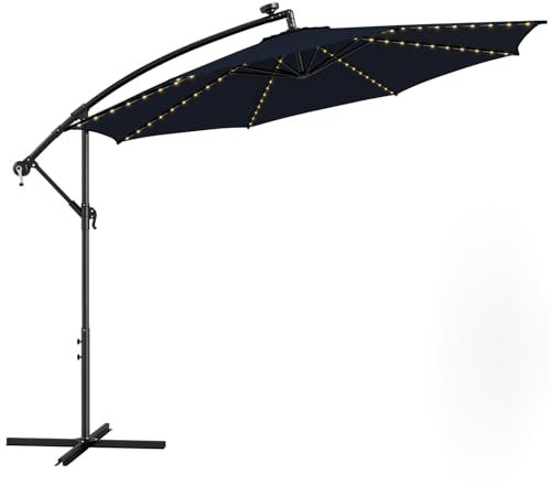 COSTWAY Ombrellone da Giardino ∅303 cm Decentrato, con 112 Luci LED ad Energia Solare, con Manovella, Inclinazione Regolabile, 8 Stecche, Ombrellone da Esterno per Giardino Piscina Cortile (Marino)