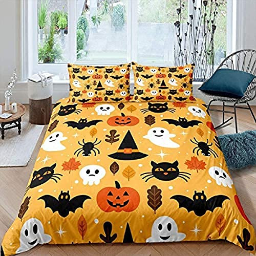 TAKOLI Bettwäsche 135 x 200 Halloween Dekoration, Weiche Microfaser Kürbis Fledermaus Druck Bettwäsche Set 2 teilig - Für Kinder Jungen Bettbezug & 1 Kissenbezüg 80x80, mit Reißverschluss