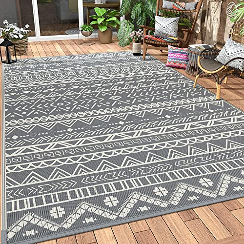 MCOW Outdoor-Teppich, wasserdicht, 1,5 x 2,4 m, für Terrassenabstand, wendbare Campingmatte, Kunststoff-Stroh-Teppiche für Wohnmobil, Wohnmobil, Balkon, Hinterhof, Picknick, Deck, grau und weiß