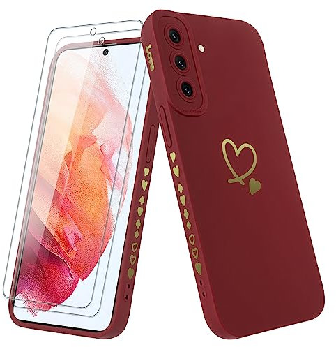 Vauki Coque pour Samsung Galaxy S21 5G avec 2 Pièces Verre Trempé, Etui Fille avec Or Motif Coeur Souple TPU Silicone Antichoc Anti-Rayures Housse Compatible avec Samsung S21 5G, Bordeaux