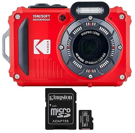 Kodak PIXPRO WPZ2 - Fotocamera digitale impermeabile da 16 MP con zoom ottico 4X (rosso) e scheda microSDHC da 32 GB con adattatore (2 pezzi)