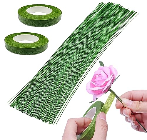 Woohome Trousse à Outils Arrangement Floral, 2 Volume Tape Strap Wrap, 200 Pcs Floral Wire pour Bouquet de Mariage DIY, Fleurs Artificielles Décorations de Bouquet de Mariage Artisanat Art 60CM