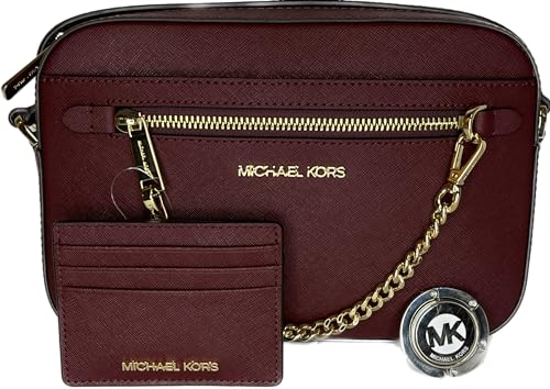 Michael Kors Jet Set Große Umhängetasche mit Kette, zusammen mit SM TZ Münzbörse und Brieftaschenhaken, Rot (Dark Cherry)