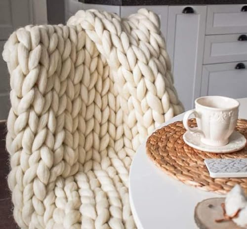 Grobstrick Decke, Kuschelig Warm Strickdecke Mischwurf, Handgefertigt Gewichtet Wolldecke Gestrickt Decke Werfen, für Sofa Bett Sessel Garten (Color : Ivory White, Size : 80 * 100cm)