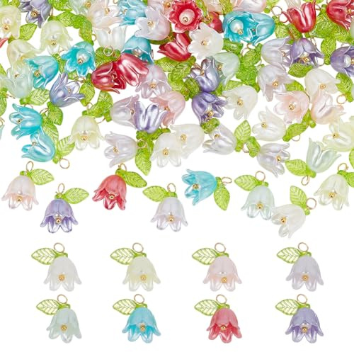 arricraft 80 Stück 8 Farben Acryl Blumen Anhänger, Bunte Frühlingsthema Blumen Charm Perlen, Floral mit Blatt Charms Für Basteln von Halsketten, Armbändern, Ohrringen, Schmuckherstellung