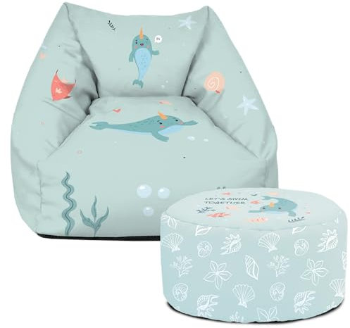 rucomfy Beanbags Snuggle Kids Bean Bag Chair - Toddler Armchair Beanbag Seat - Childrens Bedroom Furniture - Arrives with Filling - 50 x 46 x 48cm (Under The Sea, Matching Footstool)