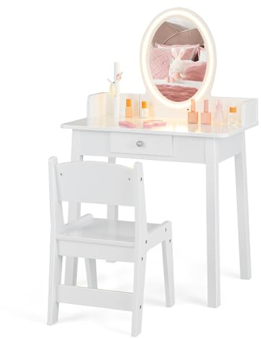 Maxmass Kids Vanity Table and Chair, Wooden Children Dressing Table with 2-Color LED Lights & Removable Mirror, Tree-Shaped Jewelry Organizer, Drawer, Princess Makeup Table for 3-8 Years Old (White)