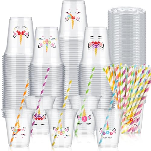 FoldTier 60 Set Plastic Cups 14 oz Disposable Clear Cups with Lids and Paper Straws for Party Favor Supplies Decorations(Multicolor,Unicorn)
