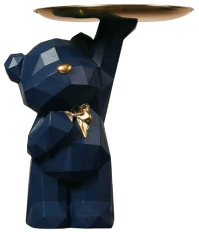 BLOOOK Statue Skulptur,Bär Figur Dekorative Tablett,Bären Skulpturen mit Dekotablett,Teddy Bär Deko Figuren Schlüsselschale,Dekoschale für Dessert Kosmetik Schmuck Kerzen (Dunkelblau (A))