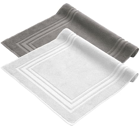 Komfortec Badvorleger Set 2 Teilig, Frottee Duschvorleger, Waschbar Duschmatte & Badteppich, 600 g/m² &100% Baumwolle, Saugfähig & Schnelltrocknend, 50 x 70 cm, Anthrazit Grau/Weiß