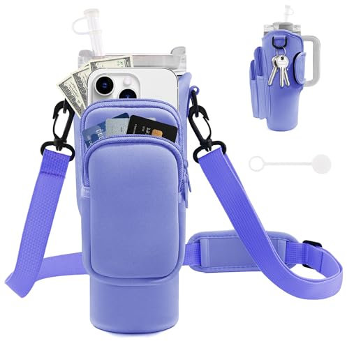 JEBEALUO Water Bottle Carrier Bag with Phone Pocket for Stanley Cup 40/30 oz, Water Bottle Holder with Adjustable Strap& Straw Cover, Stanley Cup Accessories (Violet)