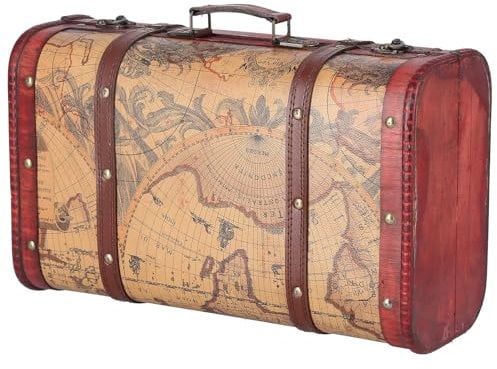 belupai Vintage Composite Wood Suitcase, Map Pattern Storage Chest Wooden Decorative Treasure Trunk Antique Luggage Case for Window Display Photography Props Collection Ornaments