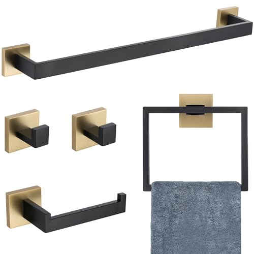 TURS Black and Gold 5-Piece Bathroom Hardware Set - 24 Inch SUS304 Stainless Steel Towel Bar Holder and Rack Kit for Wall Mounted Bath Accessories