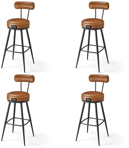 VASAGLE EKHO Kollektion - 360° drehbarer Barhocker, 4er Set, Hocker mit Rückenlehne für Bartisch, Kunstleder mit Nähten, Mid-Century-Modern-Stil, 76 cm hoch, Küche, Hausbar, karamellbraun LBC389K01