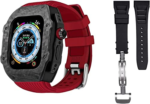 ILAZI Luxuriöse Karbonfaser-Hülle mit 2 Modifikationssets, für Apple Watch 8 Ultra 49 mm, Silikon-Gummi-Armbandabdeckung, Nachrüst-Set, für iWatch 8, 7, 6, 5, 4, SE, 45 mm, 44 mm, 44mm, Achat