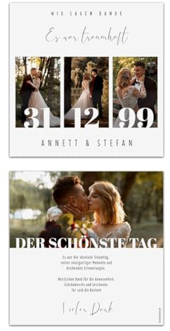 Kartenmachen.de Personalisierte Hochzeit Danksagungskarten mit eigenen vier Fotos - quadratisch 148x148mm, dickes Papier, ab 10 bis 100 Stück selbst gestalten - Foto Meilenstein