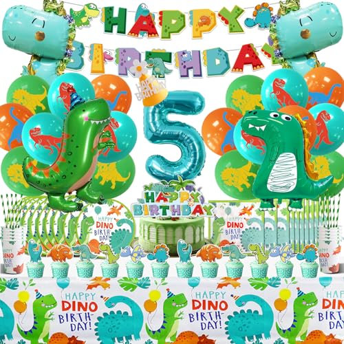 Dinosaure Decoration Anniversaire,Ballon Dinosaure 5 Ans,Vaisselle Anniversaire Dinosaure Garçon Fille,Dinosaure Anniversaire Kit 104 Pcs avec Assiettes Nappes,Dinosaures Fête 5 Ans