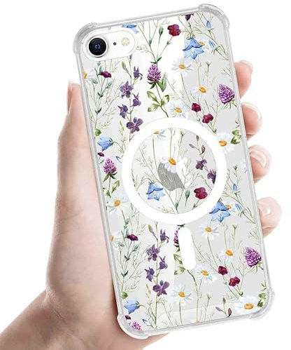 Foonary Transparent Cover Magnetic for iPhone 8/SE 2022/7/SE 2020 4.7,Compatible with MagSafe Daisy Flower Print Aesthetics Pattern Case Wireless Charging,Protective Bumper Soft Cases for iPhone 7