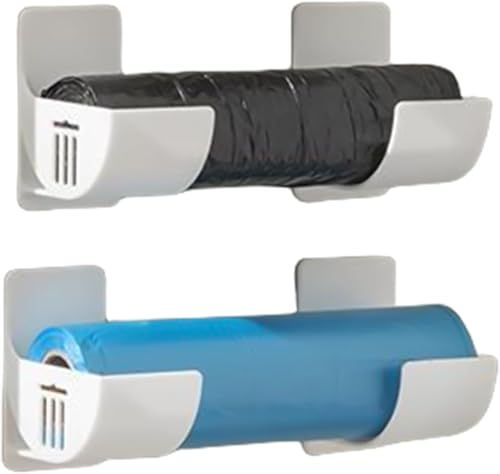 4pcs Trash Bag Holder, Punch-Free Bin Bag Dispenser Wall Mount Shopping Grocery Bag Roll Holder Plastic Garbage Bag Organizer for Home Kitchen Cabinet Organization and Storage Rack (White)