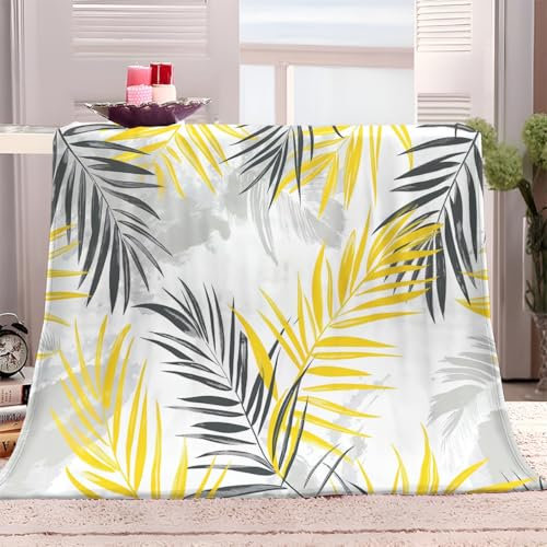 Kuscheldecke Flauschig Decke Gelb Grau Palmblätter 180x200 cm Fleecedecke Weiche Warme Flanelldecke Gemütlicher Überwurf Für Bett und Couch, Sherpa Wolldecke