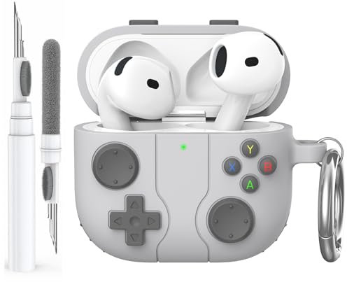 AhaStyle AirPods 4 Case Cover with Cleaning Kit Retro Handheld Game Console Design for AirPods 4th Generation Case Soft Silicone Protective Cover Skin for Apple AirPods 4 2024 Charging Case (Gray)