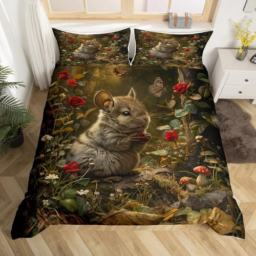 Nette Chinchilla 135x200 Bettbezug,Kawaii Tier Druck Chinchilla Bettwäsche Set für Mädchen Jungen,Rote Rose Floral Bett Set Geschenke für Haustier Liebhaber Schmetterling Bettbezug (Kein Tröster)