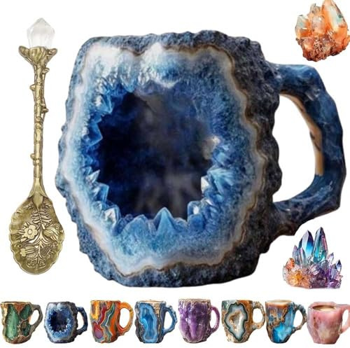 Mineral Crystal Coffee Mugs,Natural Mineral Crystal Coffee Mug,Multi-Colored Crystal Mineral Coffee Mugs,Mineral Crystal Coffee Mugs with Spoon,for Home & Office (G)