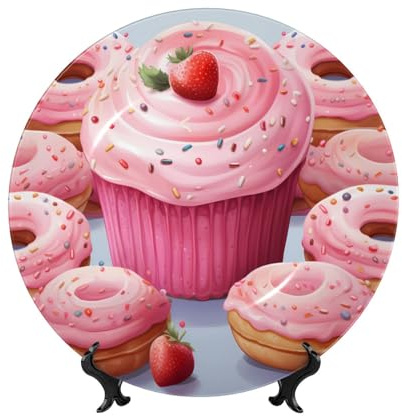 DWVTFSM Assiette décorative en porcelaine anglaise en forme de donut rose et cupcake avec présentoir de 20,3 cm faite à la main pour la maison et le bureau