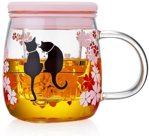 MESNEY Glass Tea Cup with Infuser and Lid (16.2oz/480ml), Borosilicate Glass Tea Infuser Mugs for Loose Leaf, Blooming & Bagged Drinks, Cute Cat & Sakura Design