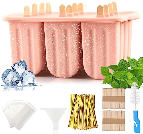 Moule Glace Silicone, Boules à Glaces sans BPA, Moule Silicone Glace pour Enfants et Adultes,DIY Réutilisable pour Popsicles avec Batonnet Glace et Brosses et Entonnoirs Pliants (rose)